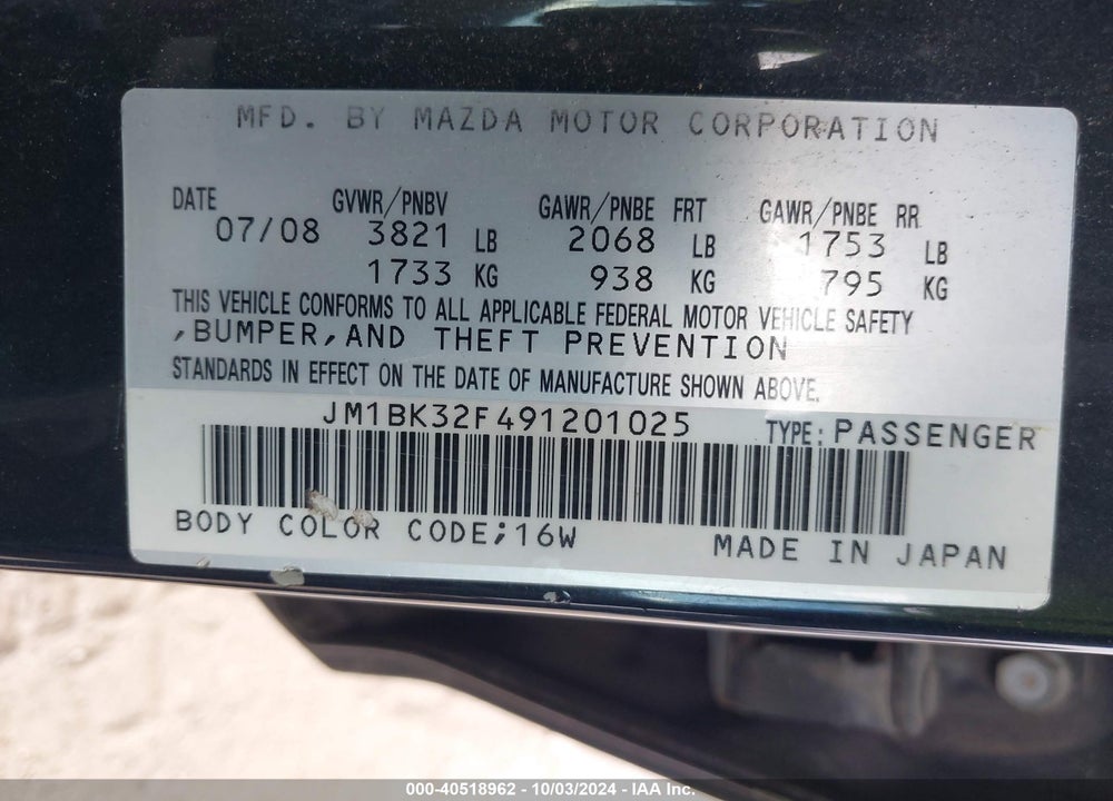 2009 MAZDA 3 I VIN: JM1BK32F491201025