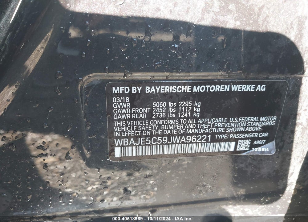 2018 BMW 540I VIN: WBAJE5C59JWA96221