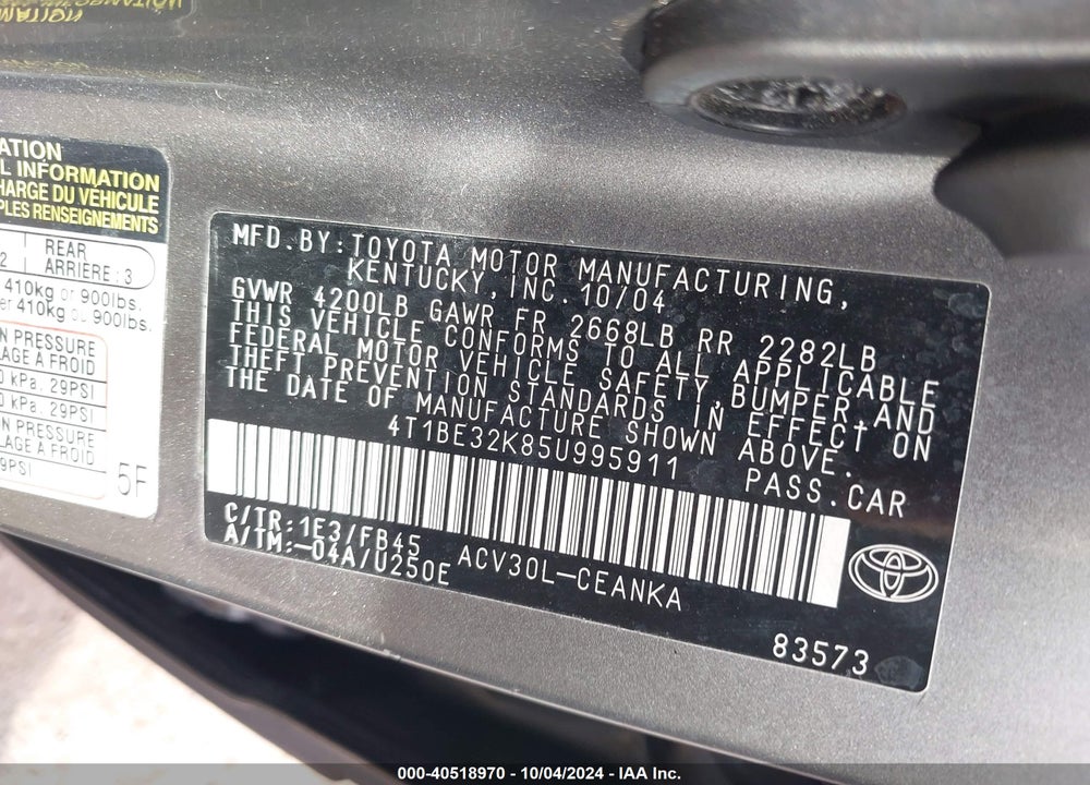 2005 TOYOTA CAMRY LE VIN: 4T1BE32K85U995911