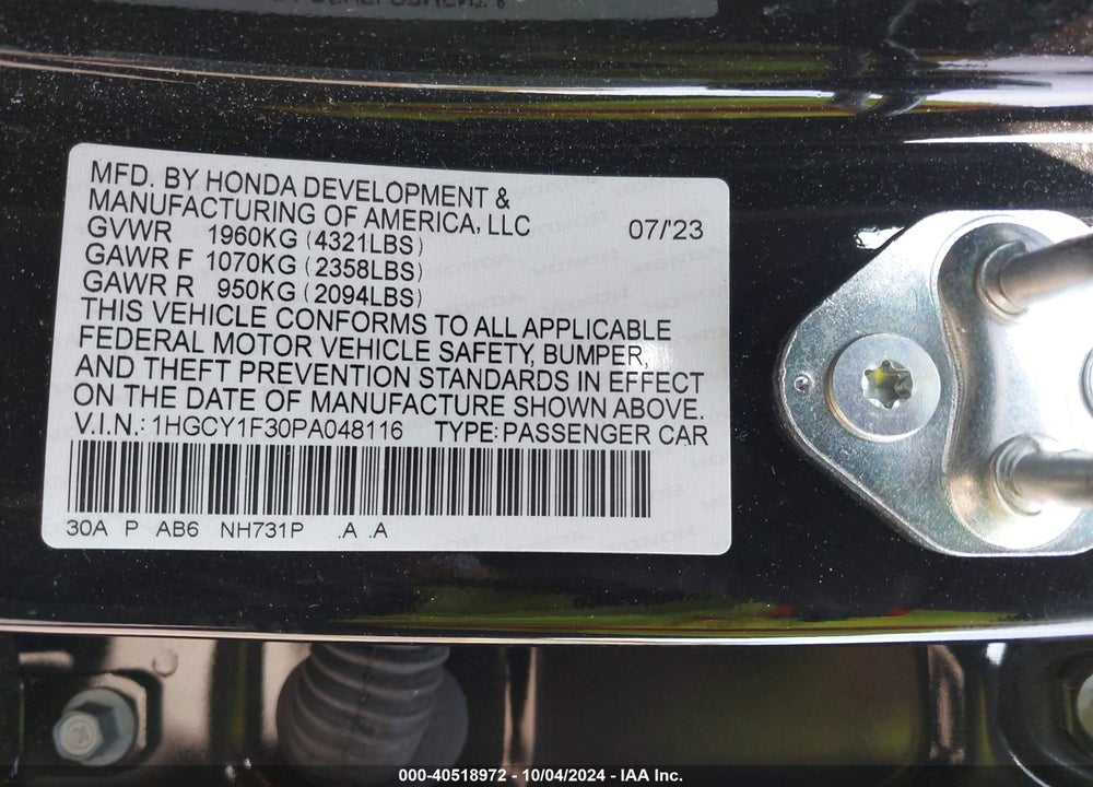 2023 HONDA ACCORD EX VIN: 1HGCY1F30PA048116