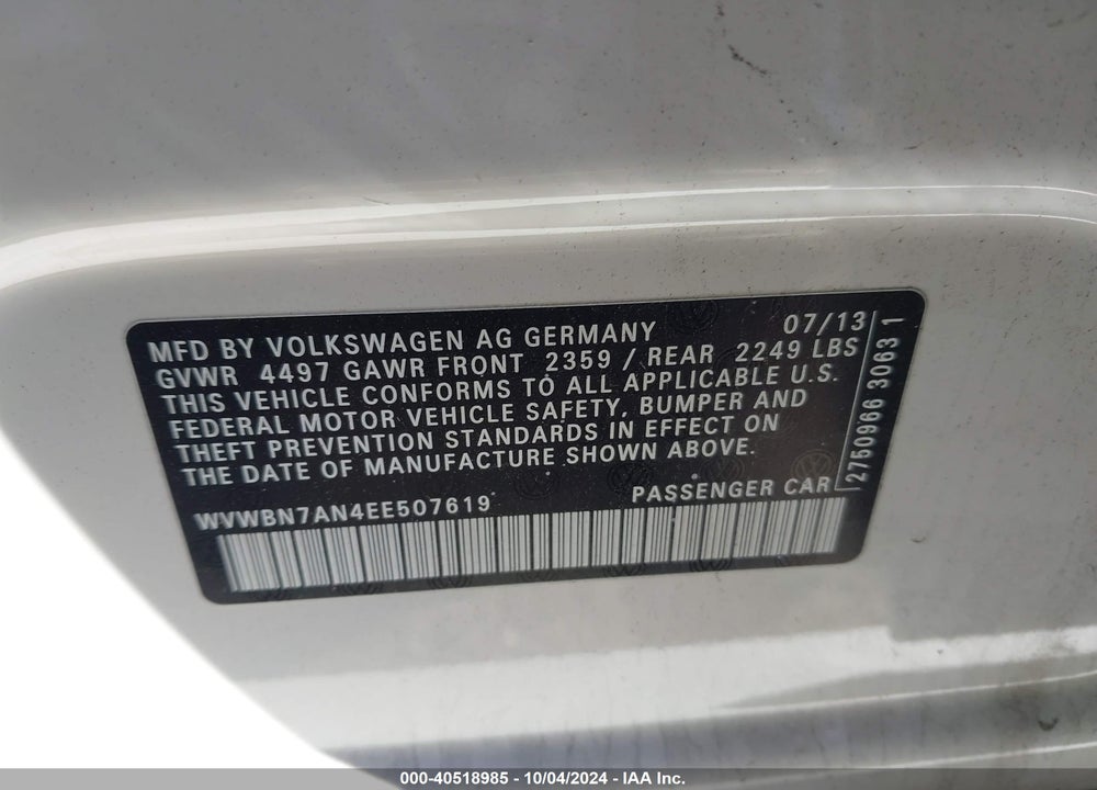 2014 VOLKSWAGEN CC 2.0T SPORT VIN: WVWBN7AN4EE507619
