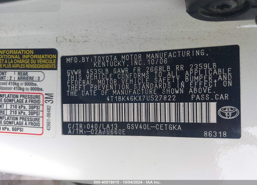 2007 TOYOTA CAMRY XLE V6 VIN: 4T1BK46KX7U527822