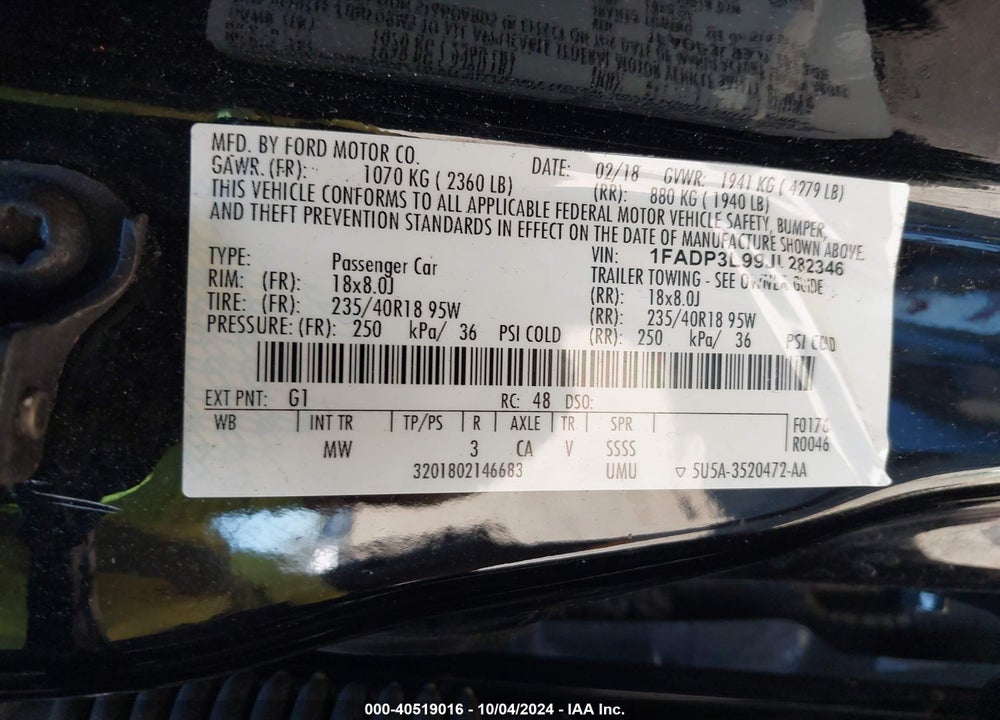 2018 FORD FOCUS ST VIN: 1FADP3L99JL282346