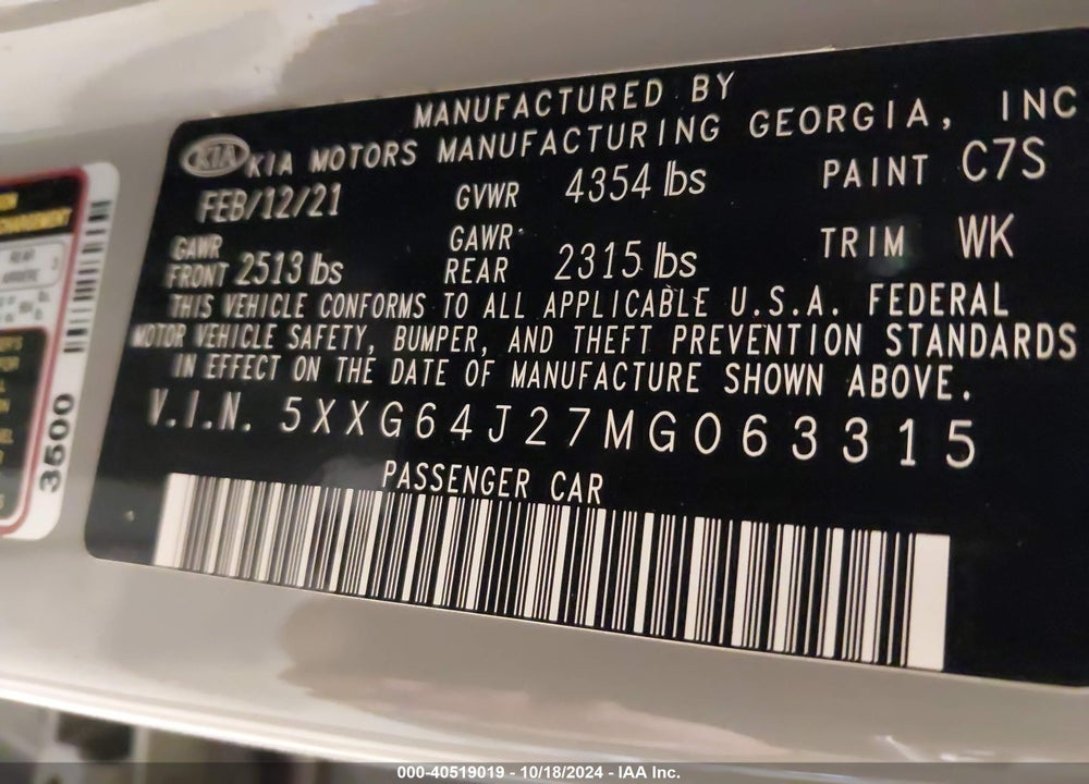2021 KIA K5 GT LINE VIN: 5XXG64J27MG063315