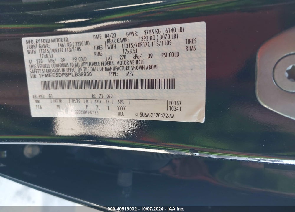 2023 FORD BRONCO VIN: 1FMEE5DP8PLB39938