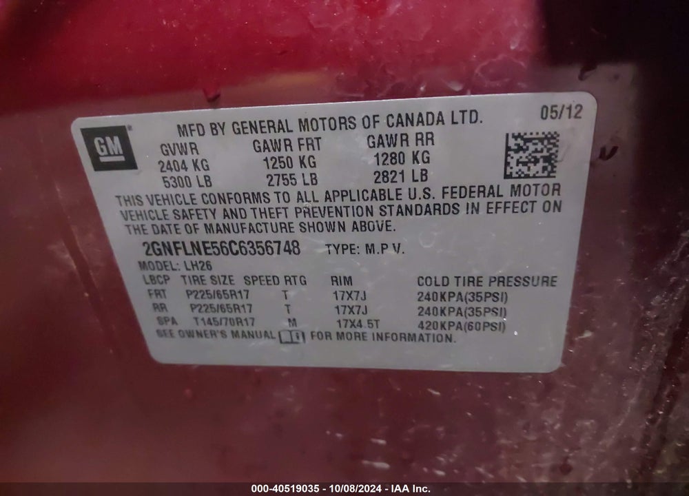 2012 CHEVROLET EQUINOX 2LT VIN: 2GNFLNE56C6356748