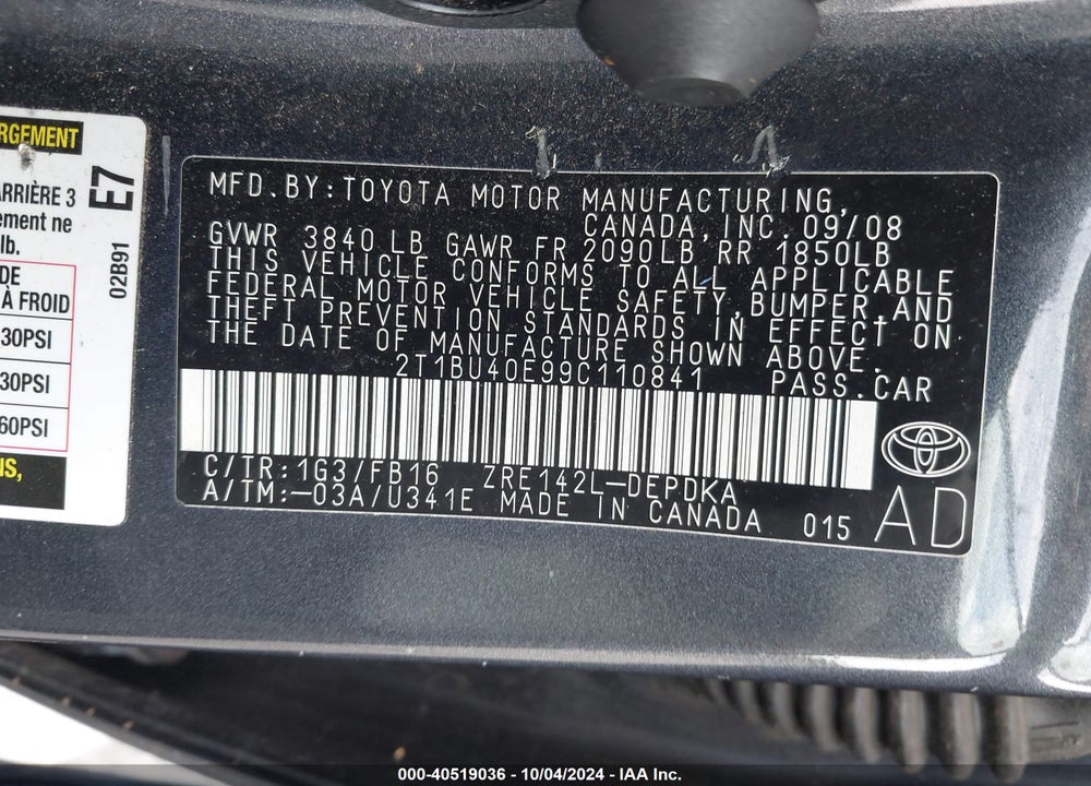 2009 TOYOTA COROLLA LE VIN: 2T1BU40E99C110841