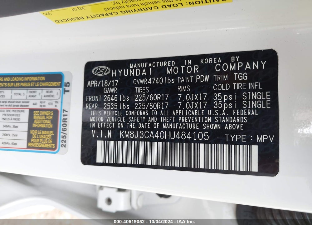 2017 HYUNDAI TUCSON SE VIN: KM8J3CA40HU484105