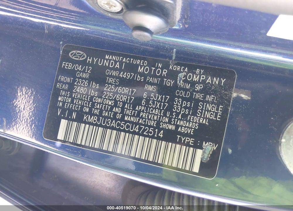 2012 HYUNDAI TUCSON GLS VIN: KM8JU3AC5CU472514