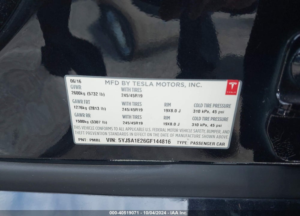2016 TESLA MODEL S 60D/70D/75D/85D/90D VIN: 5YJSA1E26GF144816