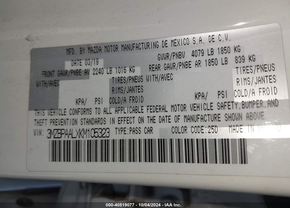2019 MAZDA 3 SELECT PACKAGE VIN: 3MZBPAALXKM105323