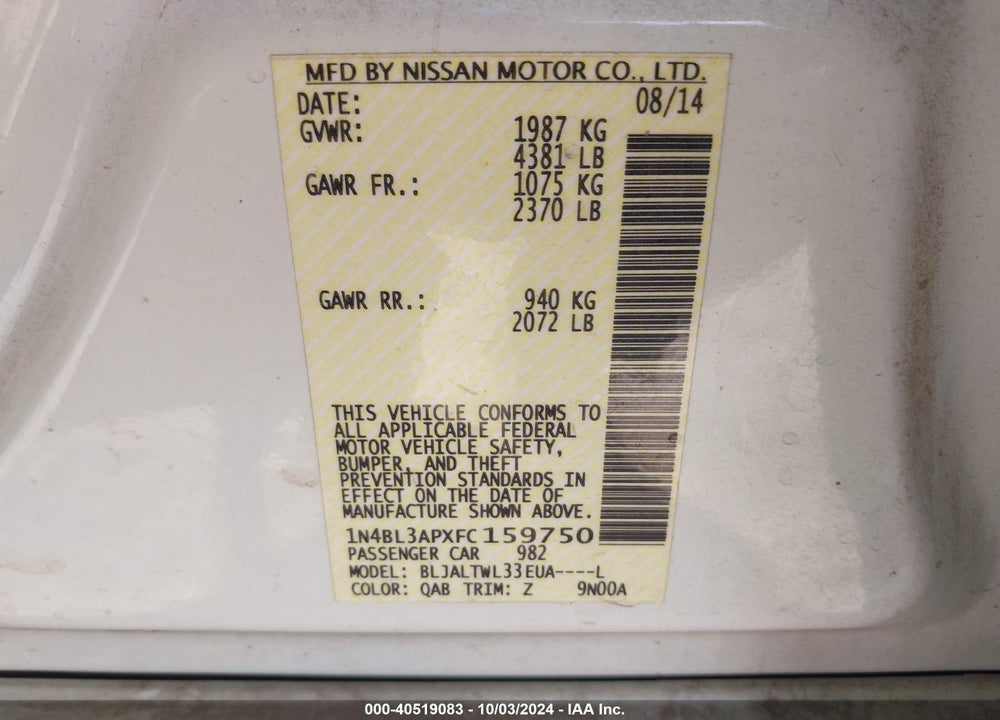 2015 NISSAN ALTIMA 3.5 SL VIN: 1N4BL3APXFC159750