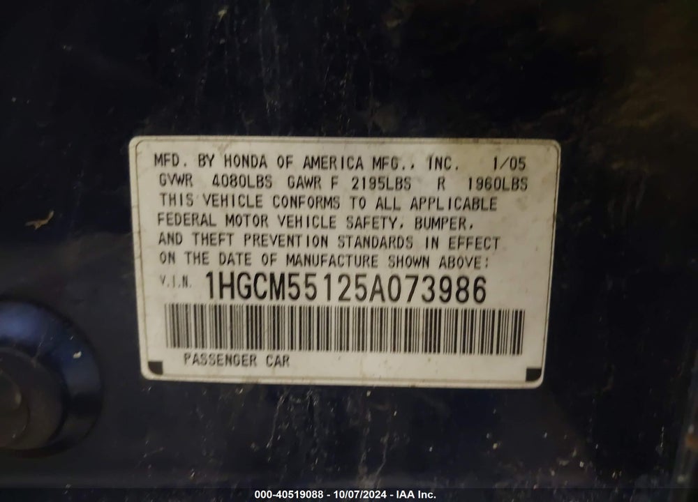 2005 HONDA ACCORD 2.4 DX VIN: 1HGCM55125A073986