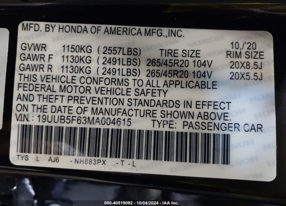 2021 ACURA TLX ADVANCE PACKAGE VIN: 19UUB5F63MA004615