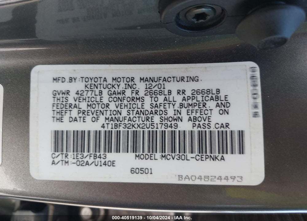 2002 TOYOTA CAMRY LE V6 VIN: 4T1BF32KX2U517949