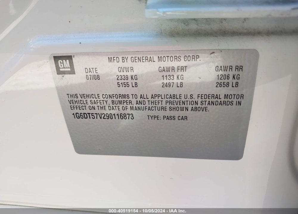 2009 CADILLAC CTS STANDARD VIN: 1G6DT57V290116873