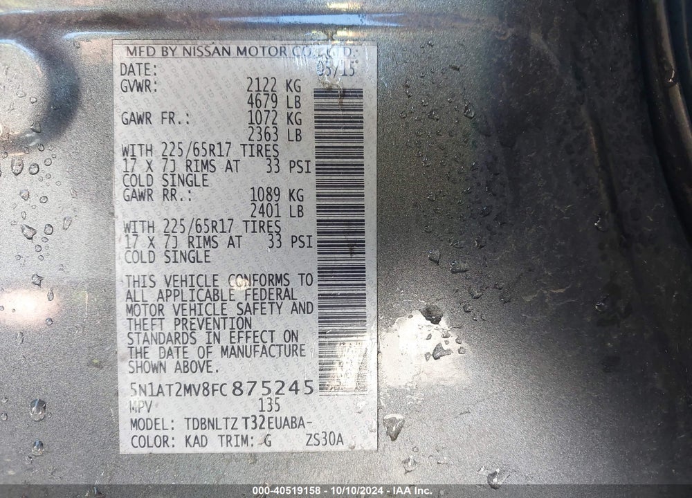 2015 NISSAN ROGUE SV VIN: 5N1AT2MV8FC875245
