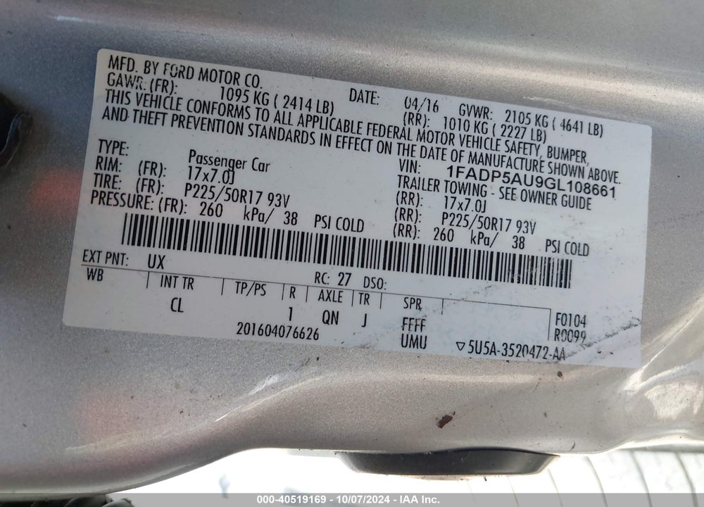 2016 FORD C-MAX HYBRID SE VIN: 1FADP5AU9GL108661