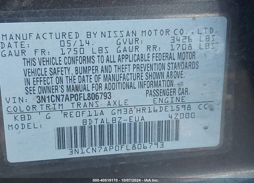 2015 NISSAN VERSA 1.6 SV VIN: 3N1CN7AP0FL806793