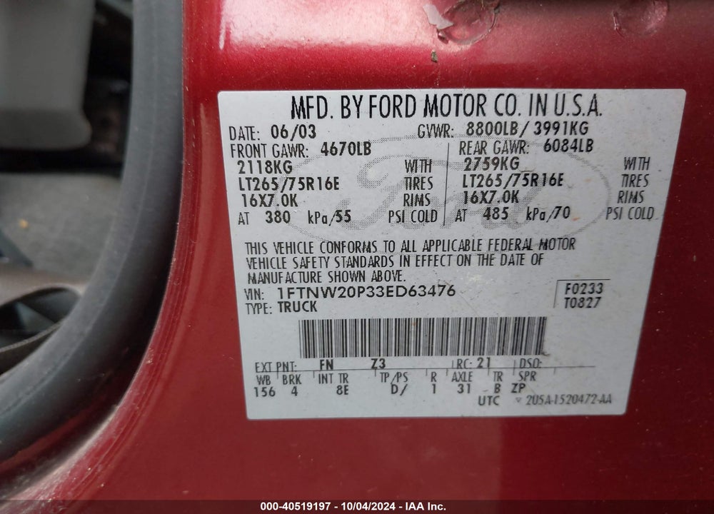 2003 FORD F-250 LARIAT/XL/XLT VIN: 1FTNW20P33ED63476