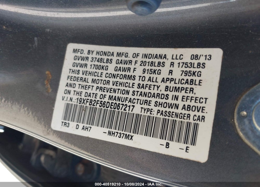 2013 HONDA CIVIC LX VIN: 19XFB2F56DE067217