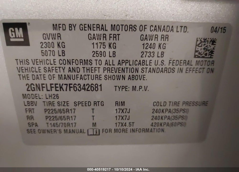 2015 CHEVROLET EQUINOX 1LT VIN: 2GNFLFEK7F6342681