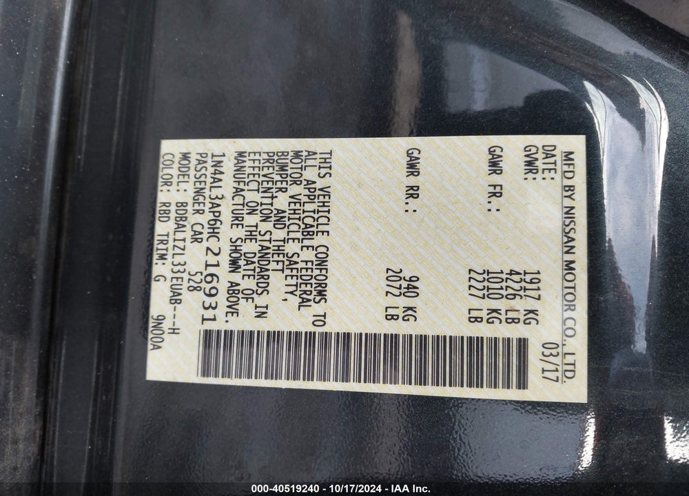 2017 NISSAN ALTIMA 2.5 SV VIN: 1N4AL3AP6HC216931