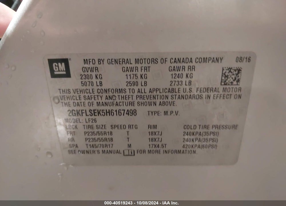2017 GMC TERRAIN SLE-1 VIN: 2GKFLSEK5H6167498