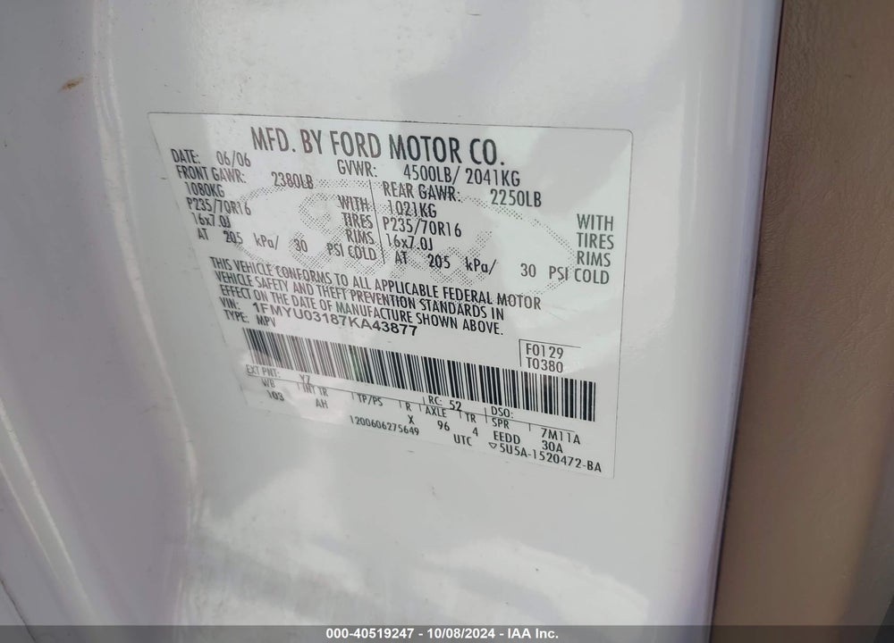 2007 FORD ESCAPE XLT/XLT SPORT VIN: 1FMYU03187KA43877