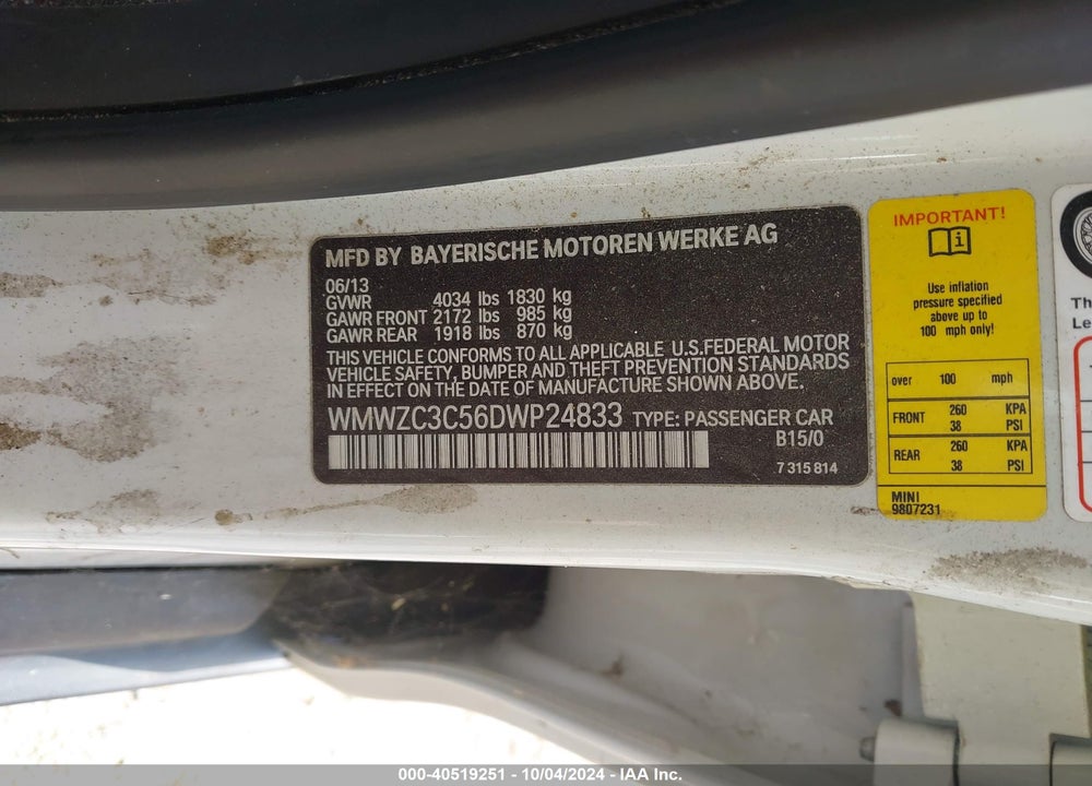 2013 MINI COUNTRYMAN COOPER S VIN: WMWZC3C56DWP24833