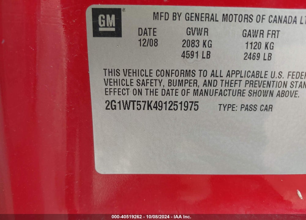 2009 CHEVROLET IMPALA LT VIN: 2G1WT57K491251975