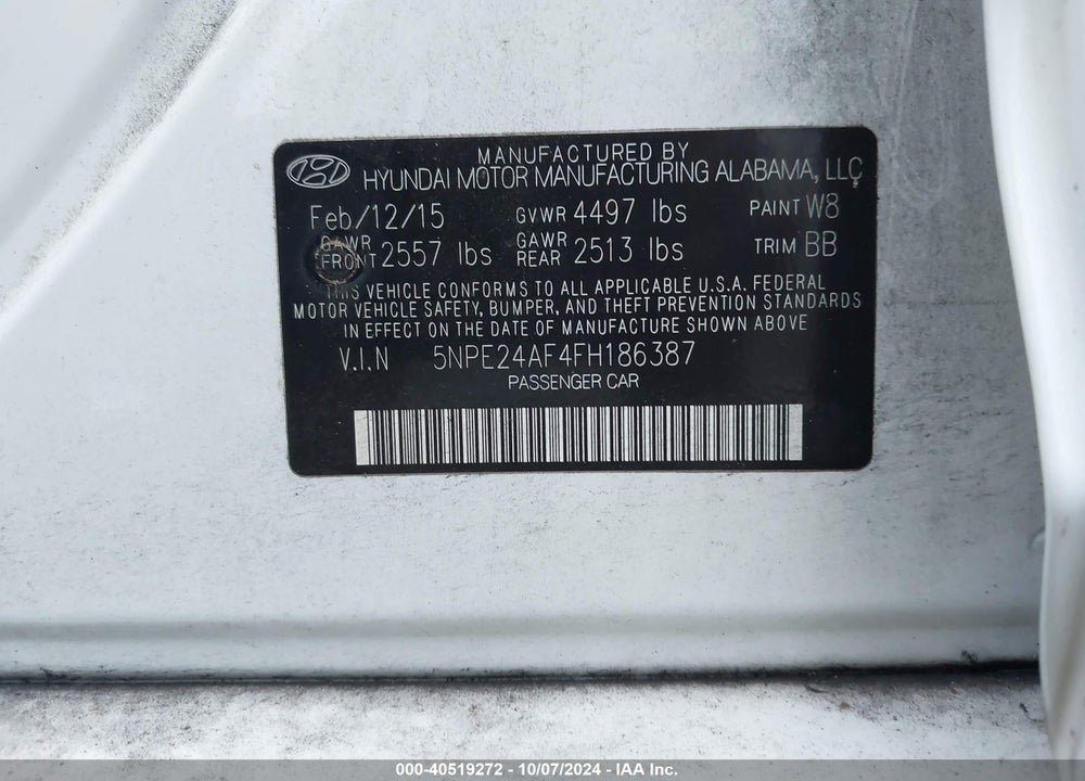 2015 HYUNDAI SONATA SE VIN: 5NPE24AF4FH186387