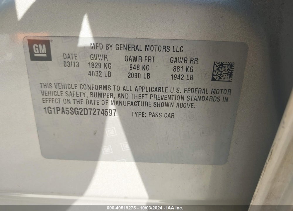 2013 CHEVROLET CRUZE LS AUTO VIN: 1G1PA5SG2D7274597