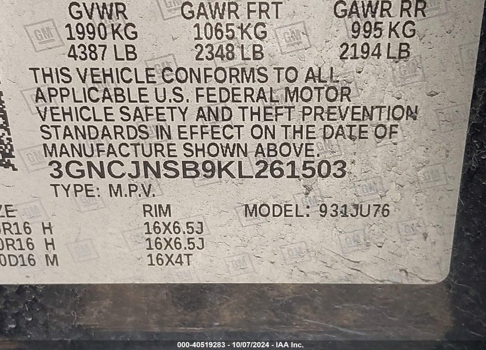 2019 CHEVROLET TRAX LS VIN: 3GNCJNSB9KL261503