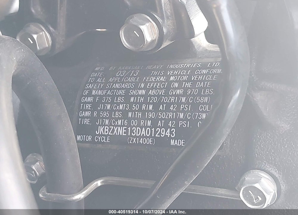 2013 KAWASAKI ZX1400 E VIN: JKBZXNE13DA012943