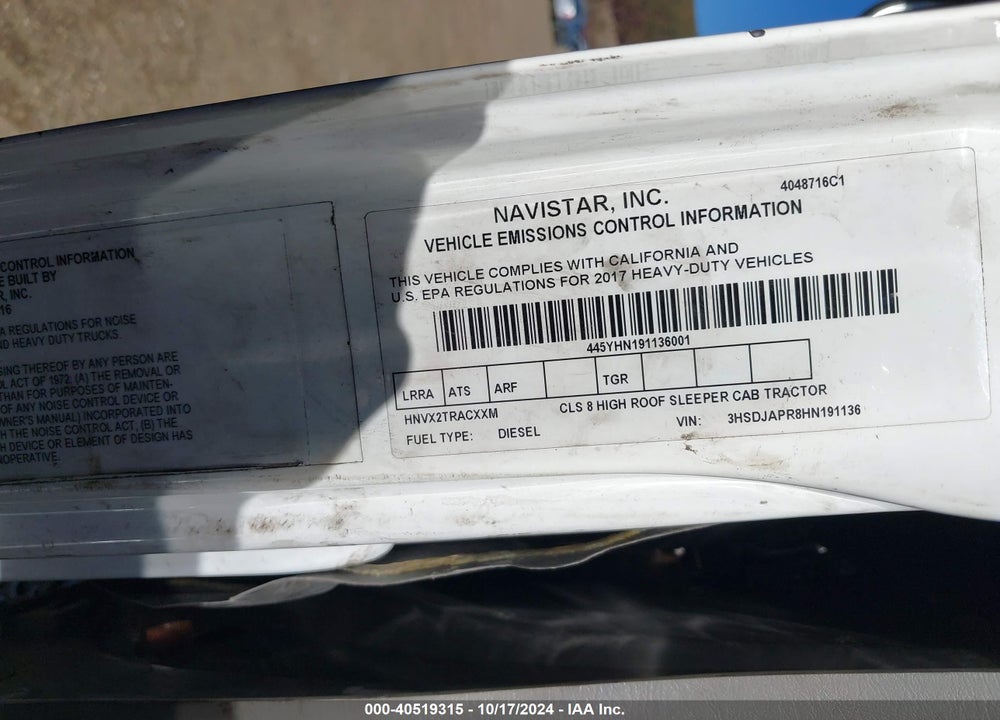 2017 INTERNATIONAL PROSTAR VIN: 3HSDJAPR8HN191136