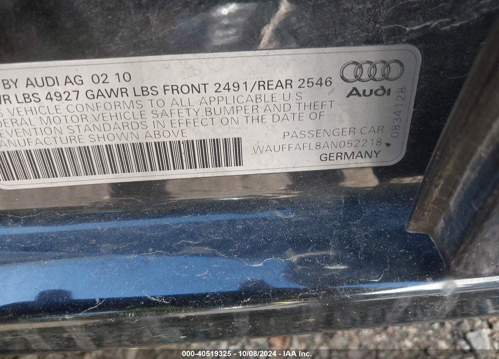 2010 AUDI A4 2.0T PREMIUM VIN: WAUFFAFL8AN052218