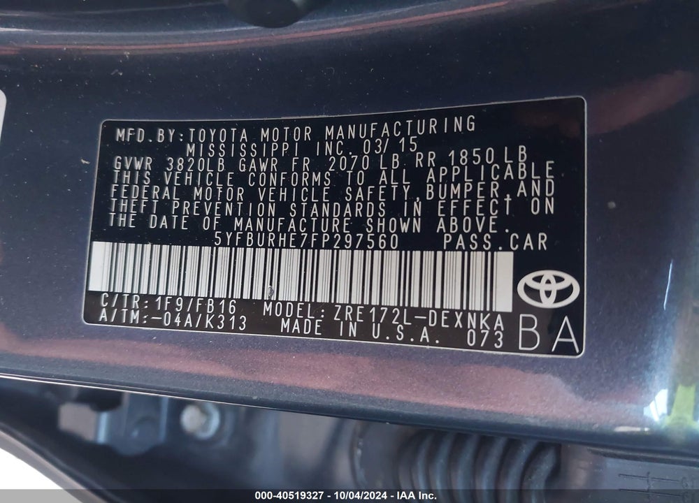 2015 TOYOTA COROLLA LE VIN: 5YFBURHE7FP297560