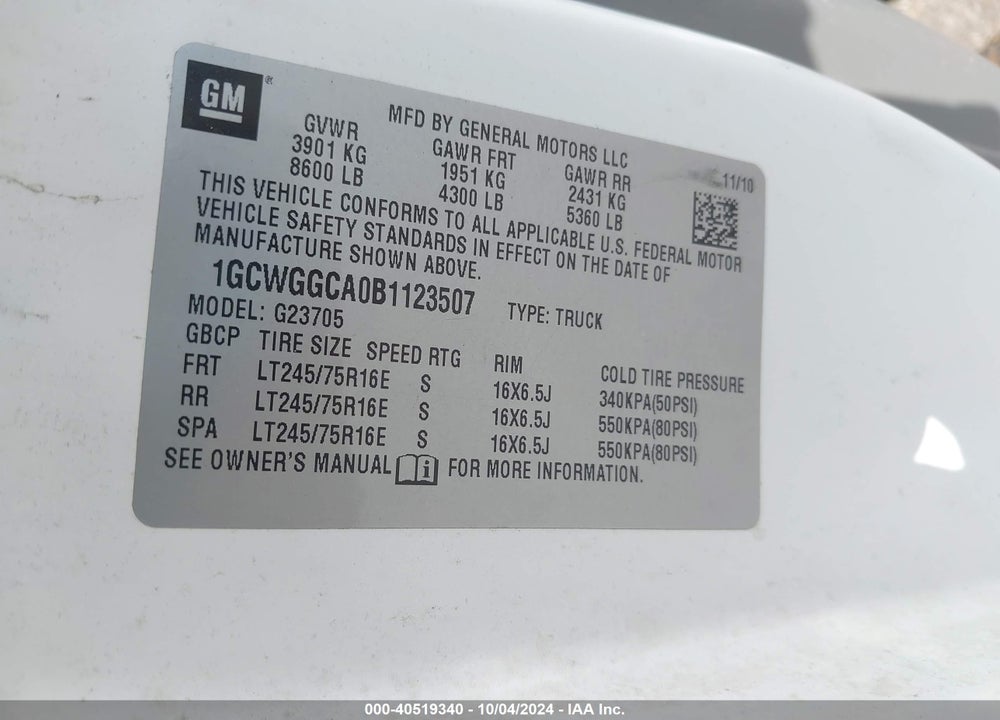 2011 CHEVROLET EXPRESS 2500 WORK VAN VIN: 1GCWGGCA0B1123507