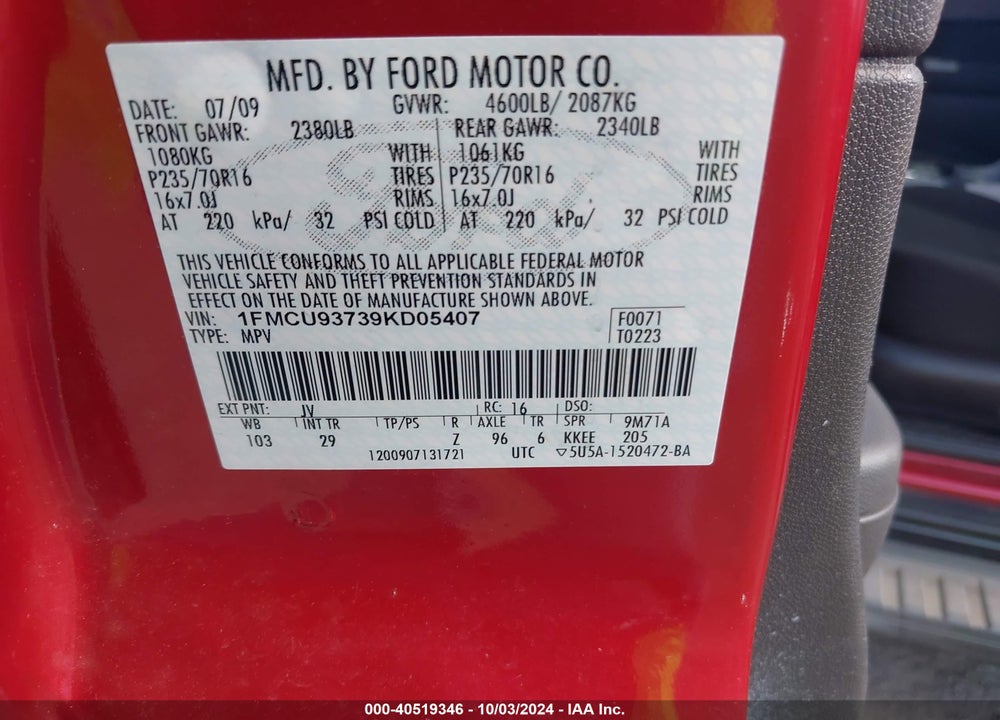 2009 FORD ESCAPE XLT VIN: 1FMCU93739KD05407