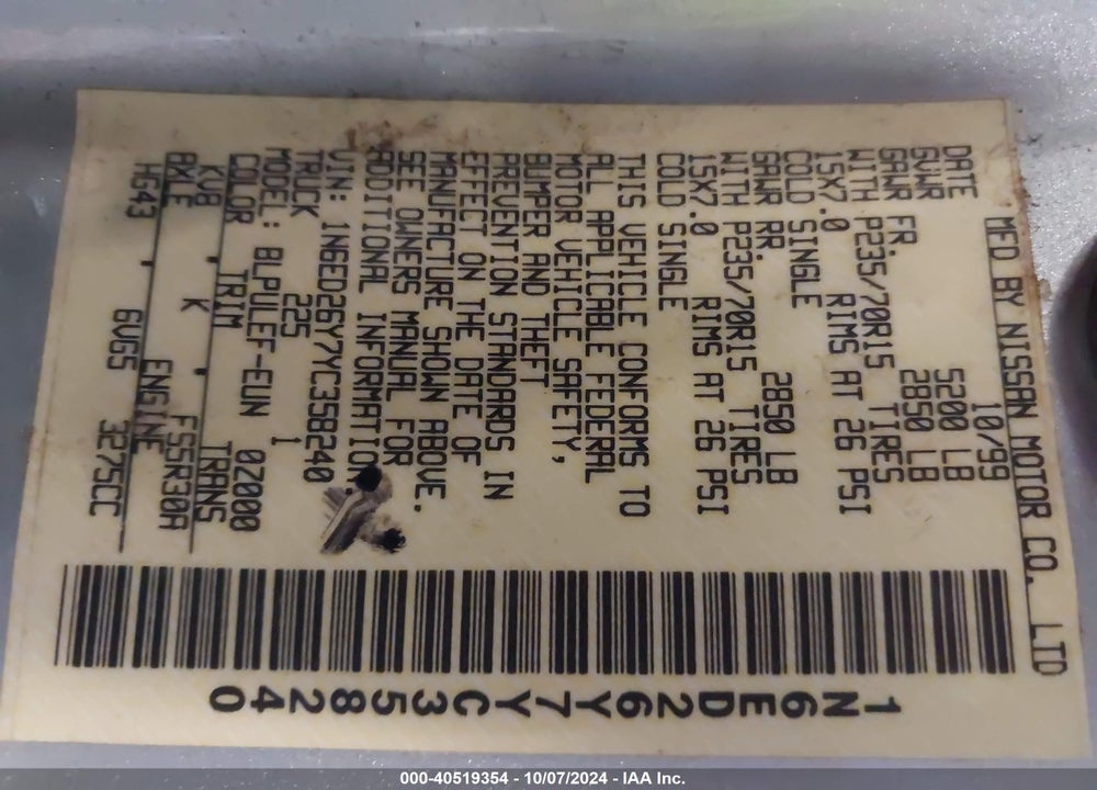 2000 NISSAN FRONTIER SE-V6/XE-V6 VIN: 1N6ED26Y7YC358240