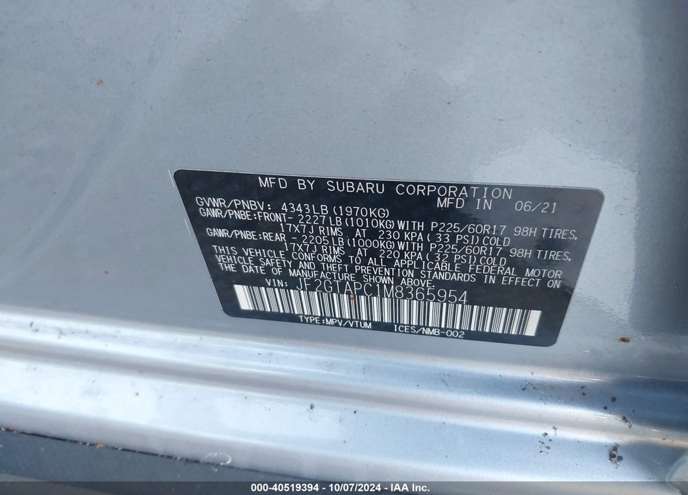 2021 SUBARU CROSSTREK PREMIUM VIN: JF2GTAPC1M8365954