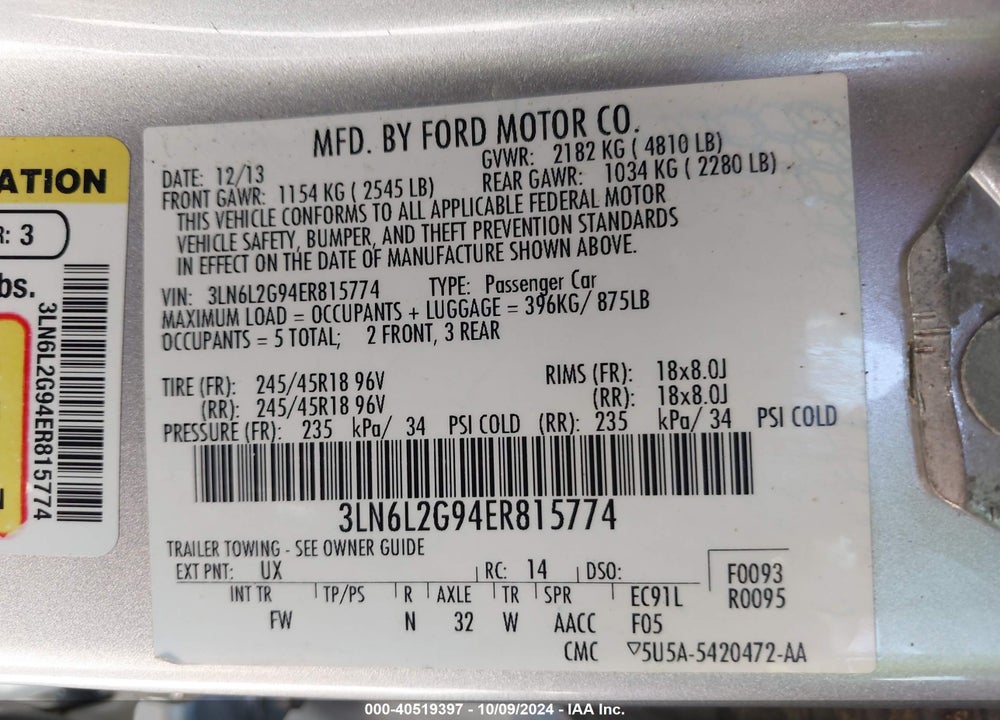 2014 LINCOLN MKZ VIN: 3LN6L2G94ER815774