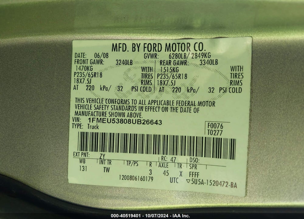 2008 FORD EXPLORER SPORT TRAC LIMITED VIN: 1FMEU53808UB26643