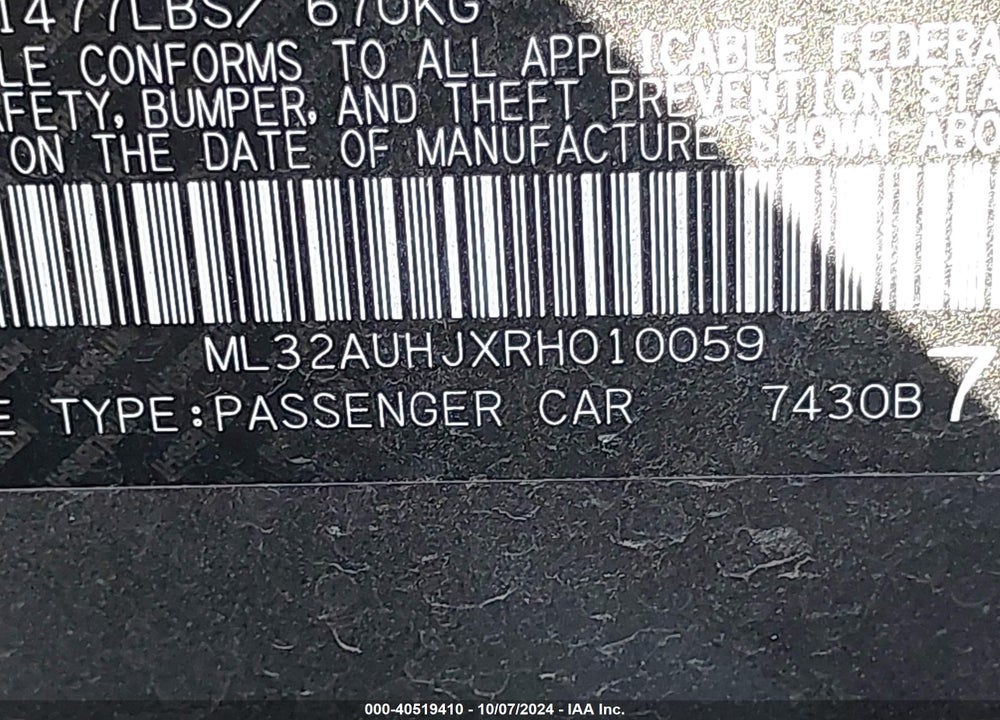 2024 MITSUBISHI MIRAGE ES/LE VIN: ML32AUHJXRH010059