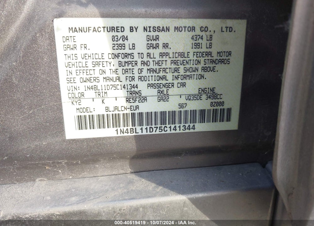 2005 NISSAN ALTIMA 3.5 SE VIN: 1N4BL11D75C141344