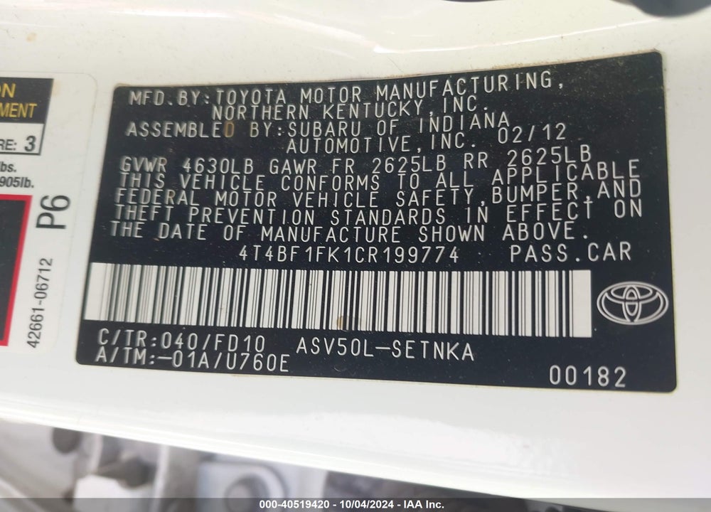 2012 TOYOTA CAMRY LE VIN: 4T4BF1FK1CR199774