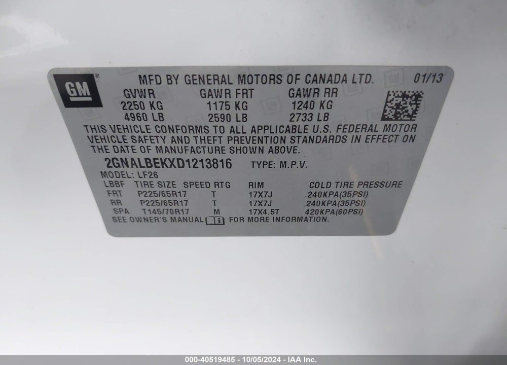 2013 CHEVROLET EQUINOX LS VIN: 2GNALBEKXD1213816