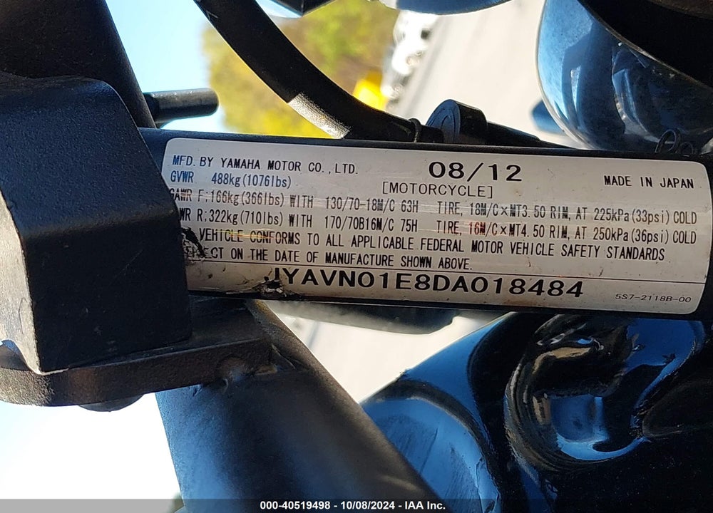 2013 YAMAHA XVS950 A/CT VIN: JYAVN01E8DA018484