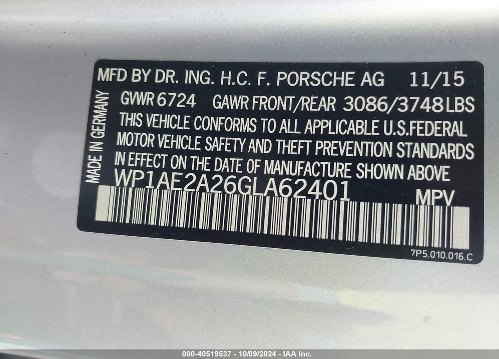 2016 PORSCHE CAYENNE E-HYBRID S VIN: WP1AE2A26GLA62401